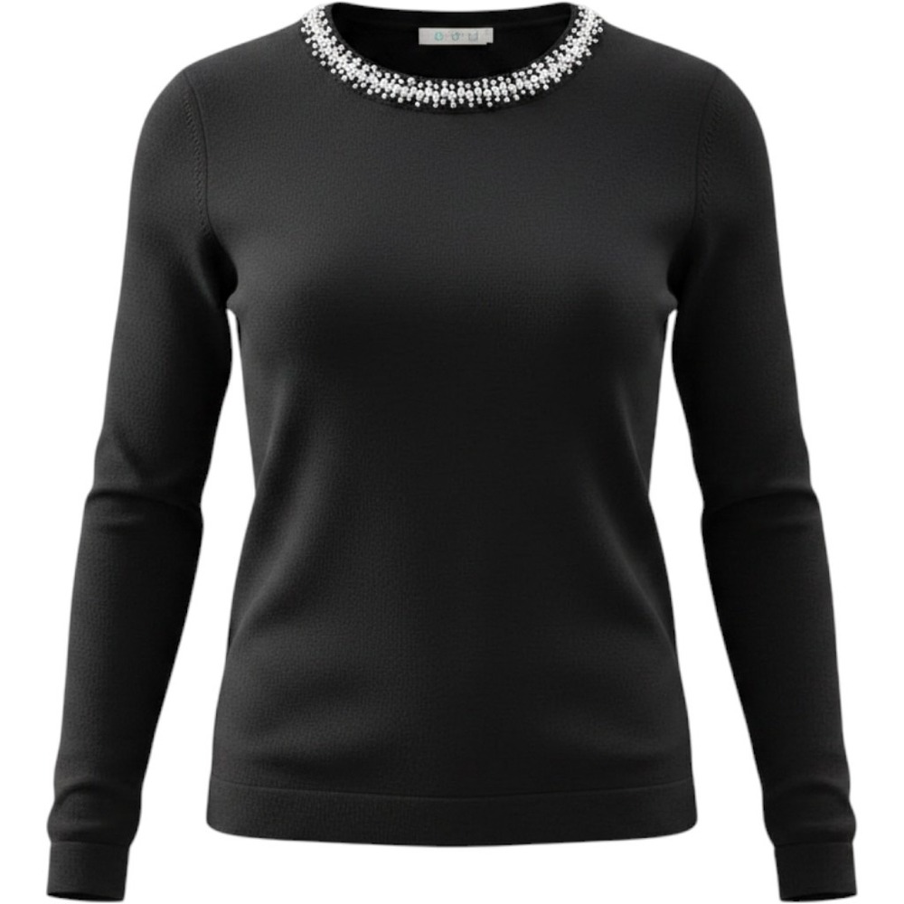 ROZ & ALI Black Embellished Rhinestone Long Sleeve Crew‎ Neck Top Women's Size L